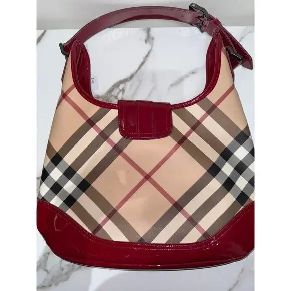 Burberry Nova Check Hobo Bag with Red Patent Trim Shoulder Bags